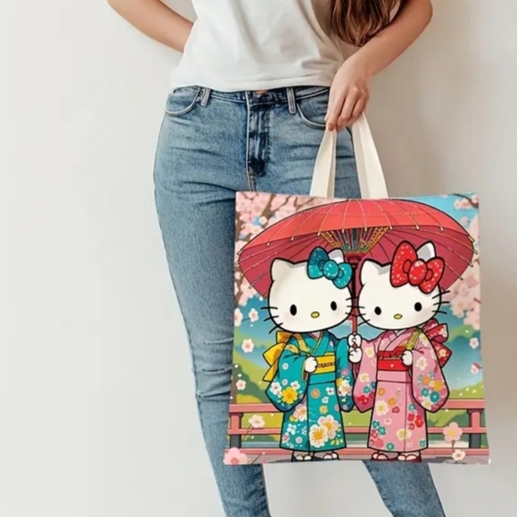 Hello Kitty Tote Bag - Pink and Green Kimono Design With Cherry Blossoms - Picture 4 of 4